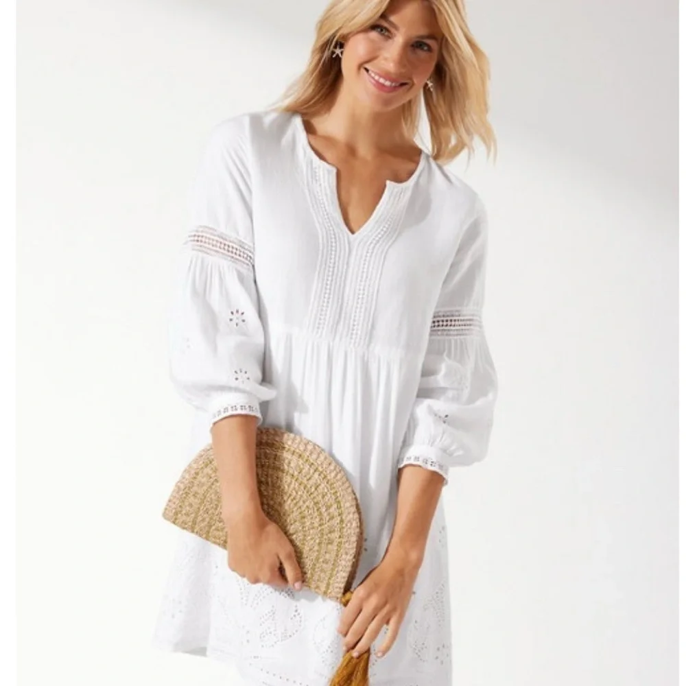 TOMMY BAHAMA WHITE ST. LUCIA SPLIT NECK LINEN BLEND DRESS SIZE MEDIUM